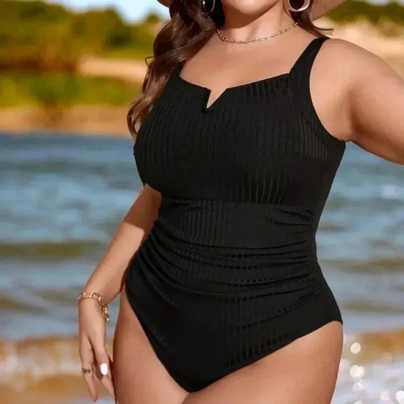 🆕 Plus Size Black Ribbed Ultimate Curvy Swimsuit 3XL Trendy Stretchy Swimwear - Picture 7 of 9